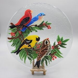 Peggy Karr 2004 Fused Glass Decorative Plate Winter Holly Fir Tree Birds Signed